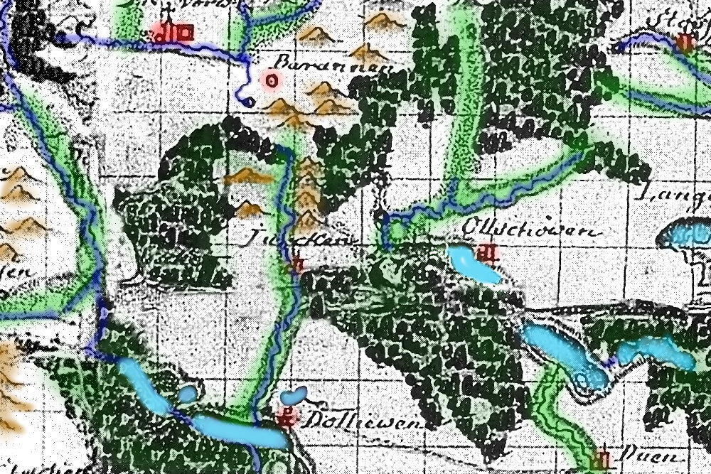Kolorowa, historyczna mapa pokazująca miejscowości i krajobraz. Widać lasy zaznaczone na zielono, góry na brązowo i jeziora w kolorze niebieskim. Miejscowości, takie jak „Dölliswen”, „Jücken”, „Baransen” i „Olschewen” oznaczono czerwonymi budynkami. Przez mapę biegną granatowe i zielone linie – prawdopodobnie rzeki, drogi lub granice. Mapa ma styl ręcznie rysowanej ilustracji.