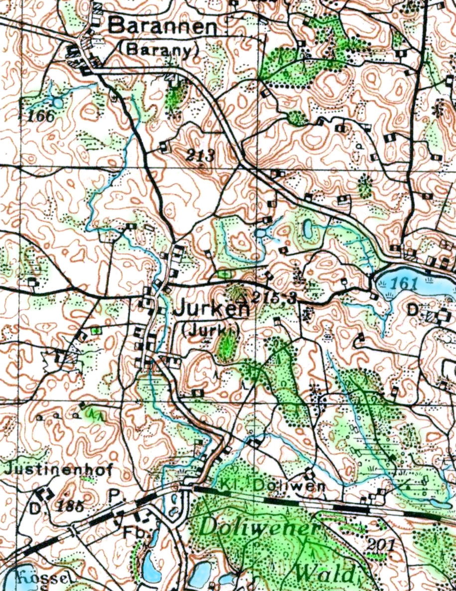 Kolorowa mapa topograficzna WIG z nazwami miejscowości w języku niemieckim i polskim. Na środku mapy znajduje się wieś Jurken (Jurki), a wokół niej inne miejscowości, m.in. Barannen (Barany), Kl. Dollwen i Justinenhof. Widać rzeki, drogi, lasy (zielone obszary), pagórki (brązowe linie konturowe) oraz pola.