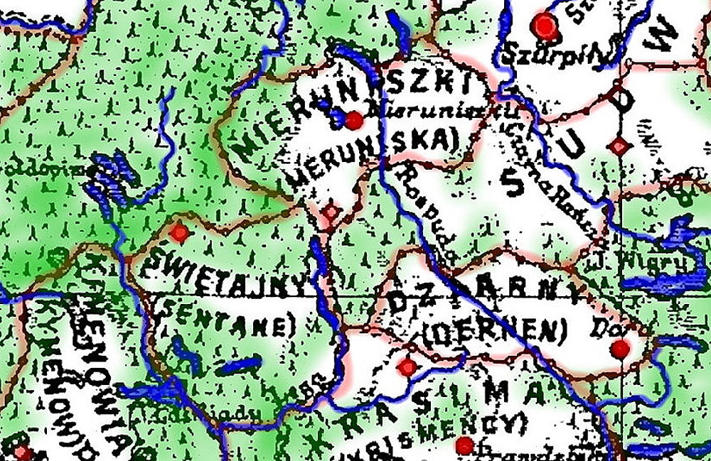 Kolorowa mapa przedstawiająca fragment dawnych ziem plemiennych na terenie dzisiejszej Polski i Litwy. Na mapie zaznaczone są rzeki, granice i nazwy plemion. Widać czerwone kropki oznaczające ważne osady lub grody. Zielony kolor oznacza tereny leśne, a niebieski – rzeki i jeziora.